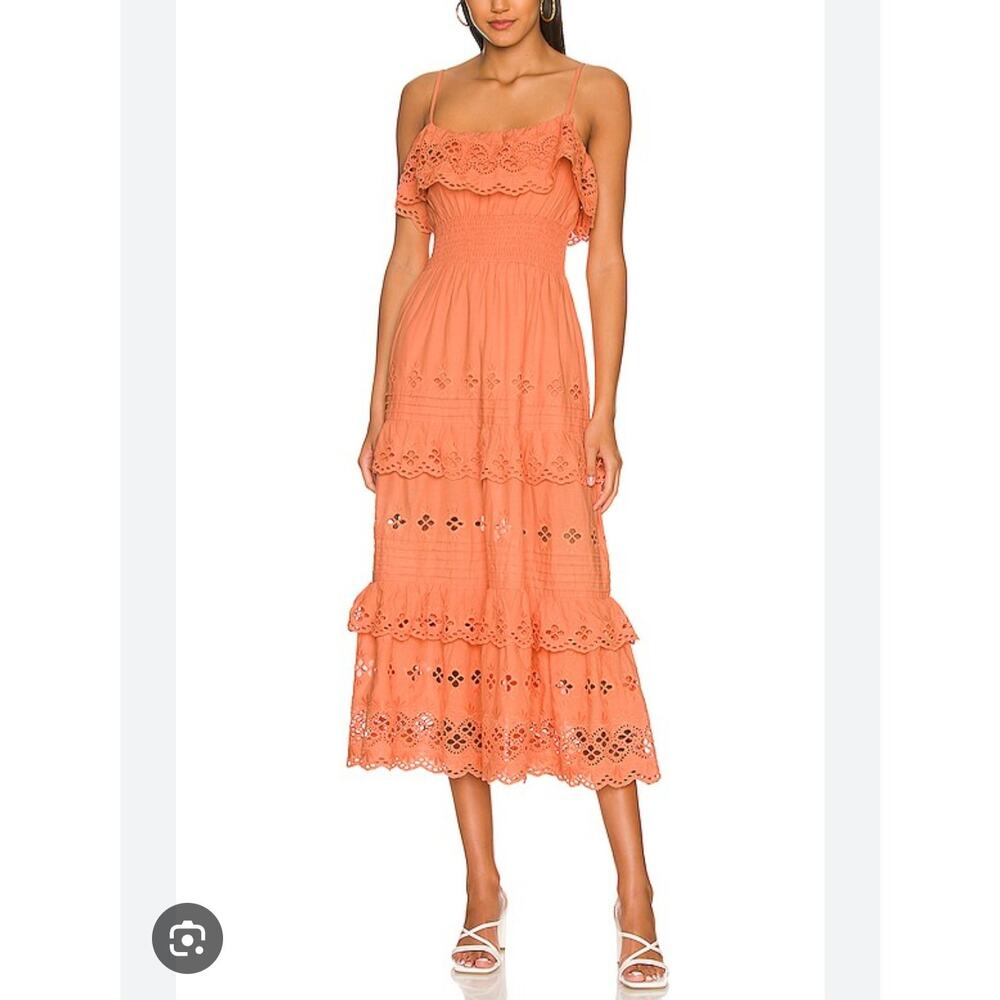 Lovers and Friends Tiered Midi Maxi Dress XS Eyelet Lace Coral Pink Cottagecore - Picture 2 of 12